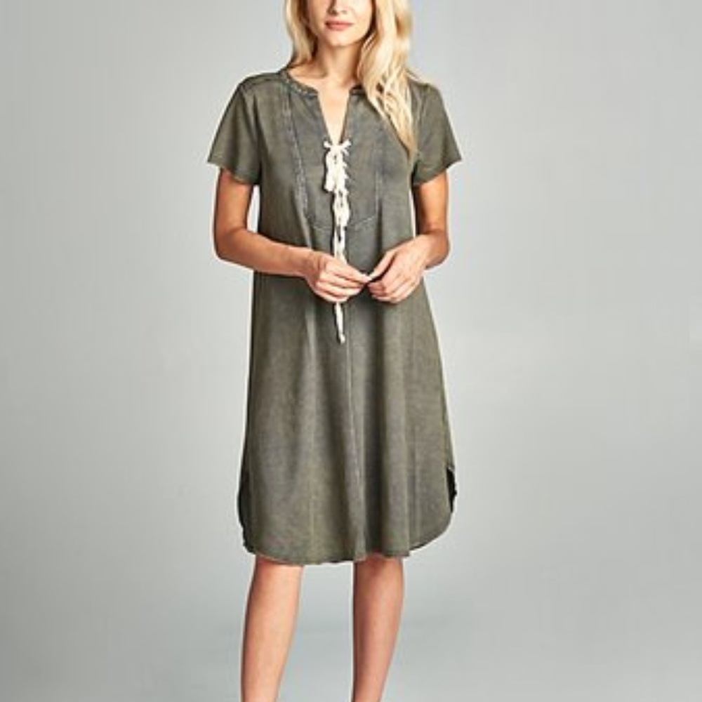 Hyku, denim green lace-up front shift dress.